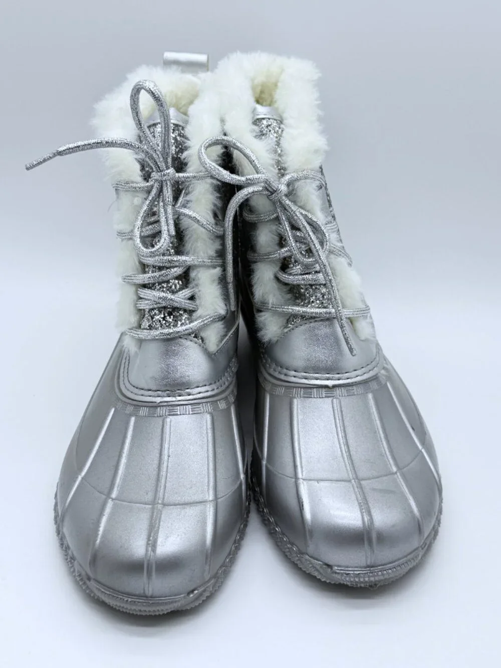 Women's Silver Glitter Duck Boots Faux Fur Coquette Y2K Snowcore Sz 8 3962